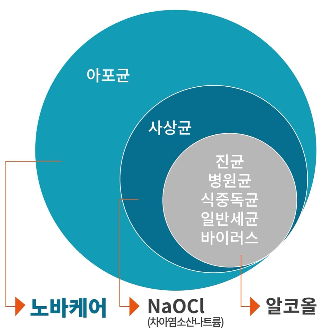 노바케어 살균 범위 비교 — 알코올·차아염소산나트륨(NaOCl) 대비 아포균·사상균까지 살균